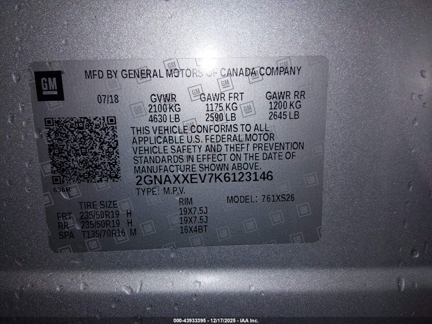 2019 Chevrolet Equinox Premier VIN: 2GNAXXEV7K6123146 Lot: 43933395