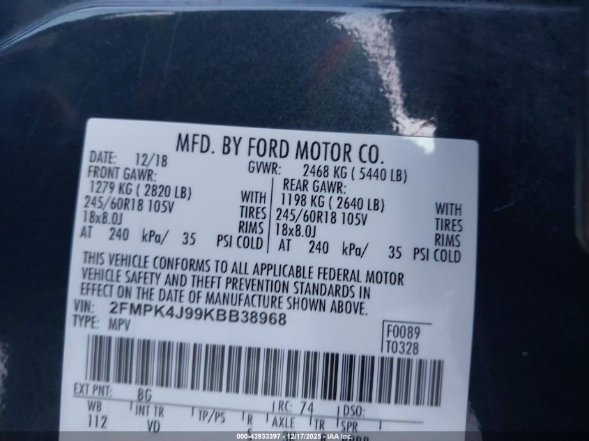 2019 Ford Edge Sel VIN: 2FMPK4J99KBB38968 Lot: 43933397