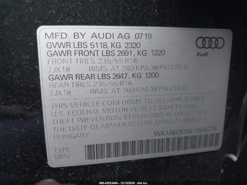2020 Audi Q3 Premium 45 Tfsi Quattro Tiptronic VIN: WA1AECF39L1004274 Lot: 43933404