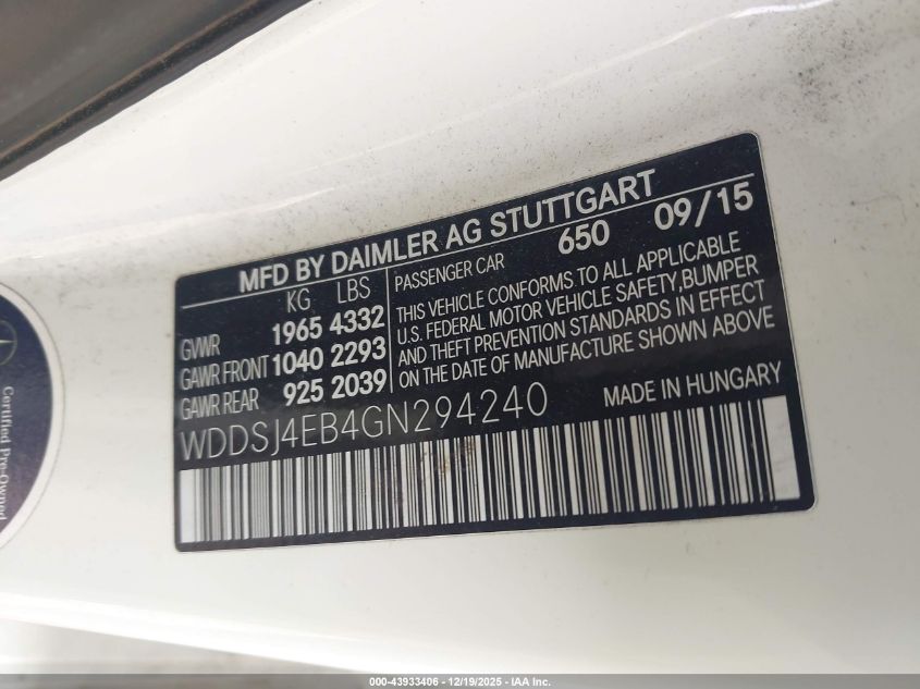 2016 Mercedes-Benz Cla 250 VIN: WDDSJ4EB4GN294240 Lot: 43933406