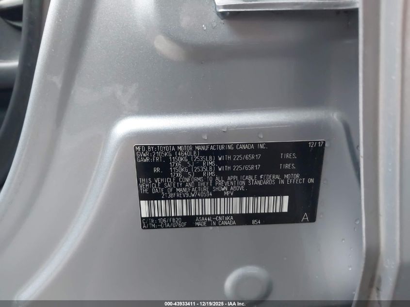 2018 Toyota Rav4 Le VIN: 2T3BFREV9JW740594 Lot: 43933411