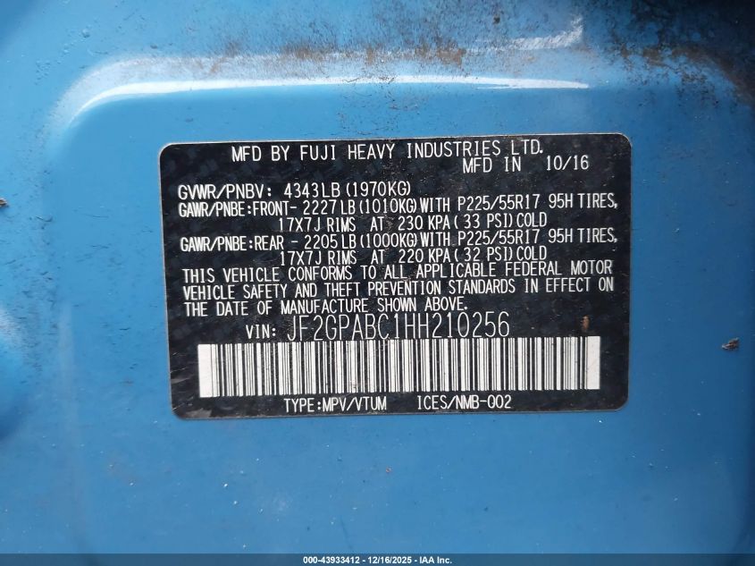 2017 Subaru Crosstrek 2.0I Premium VIN: JF2GPABC1HH210256 Lot: 43933412