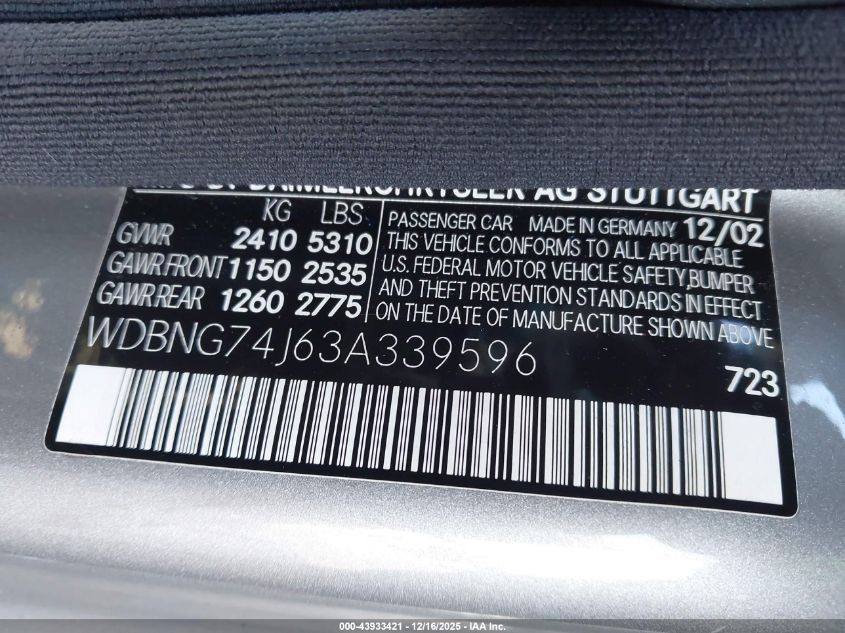 2003 Mercedes-Benz S 55 Amg VIN: WDBNG74J63A339596 Lot: 43933421