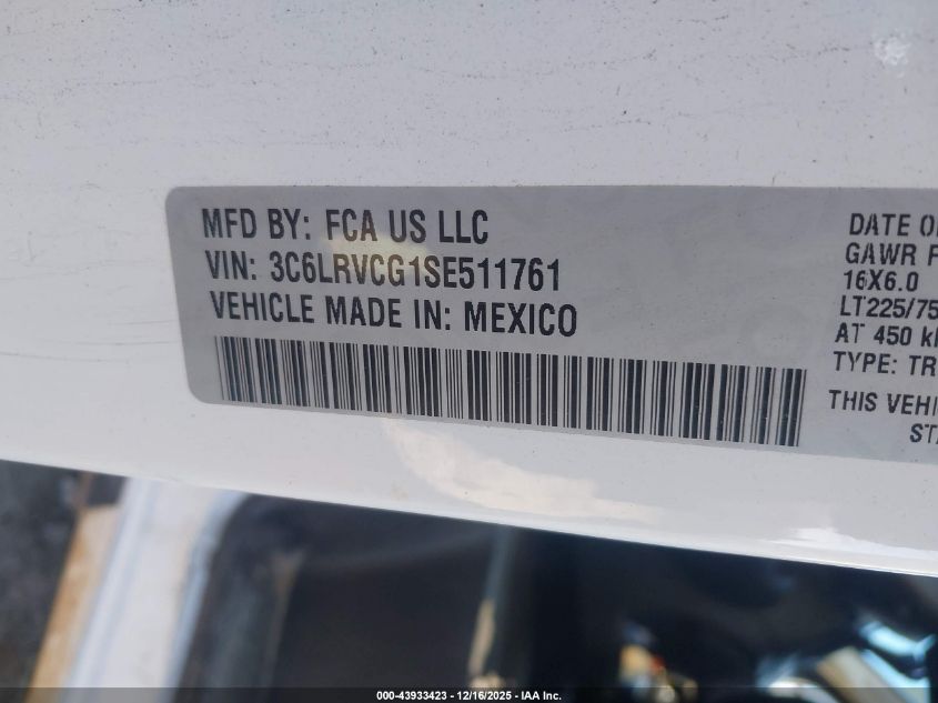 2025 Ram Promaster 2500 Tradesman High Roof 136 Wb W/Pass Seat VIN: 3C6LRVCG1SE511761 Lot: 43933423
