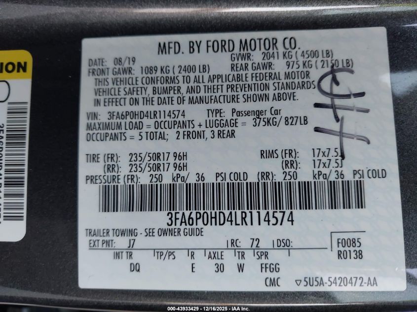 2020 Ford Fusion Se VIN: 3FA6P0HD4LR114574 Lot: 43933429