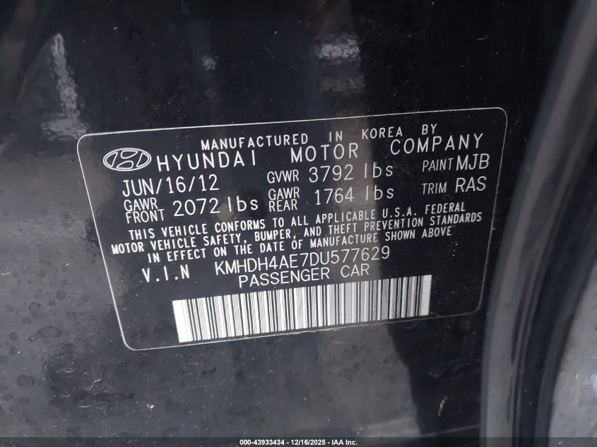 2013 Hyundai Elantra Gls/Limited VIN: KMHDH4AE7DU577629 Lot: 43933434