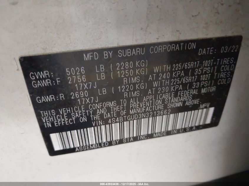 2022 Subaru Outback Wilderness VIN: 4S4BTGUD3N3213662 Lot: 43933436