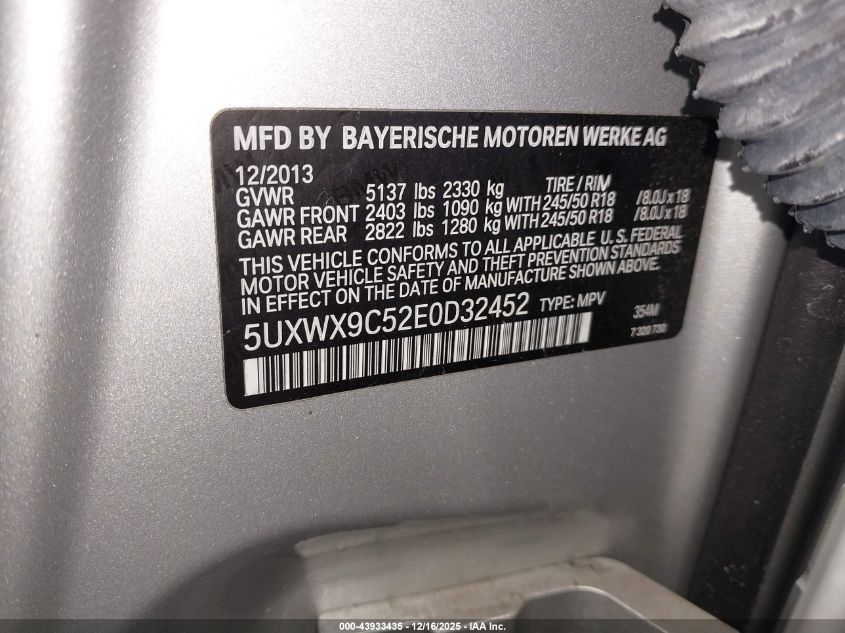 2014 BMW X3 xDrive28I VIN: 5UXWX9C52E0D32452 Lot: 43933435