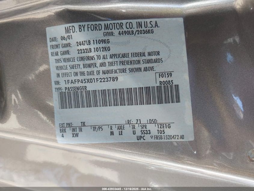 2001 Ford Mustang Gt VIN: 1FAFP45X01F223789 Lot: 43933445