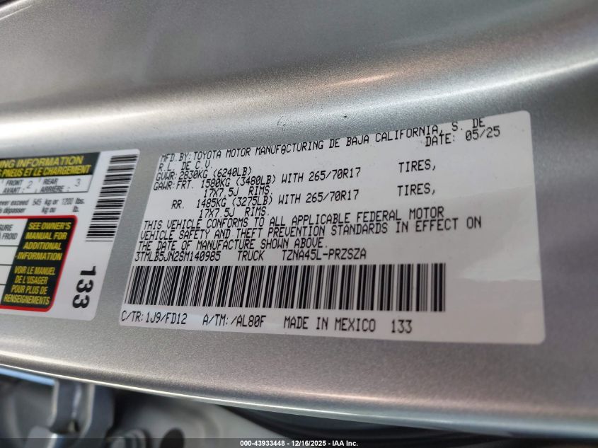 2025 Toyota Tacoma Trd Off Road VIN: 3TMLB5JN2SM140985 Lot: 43933448