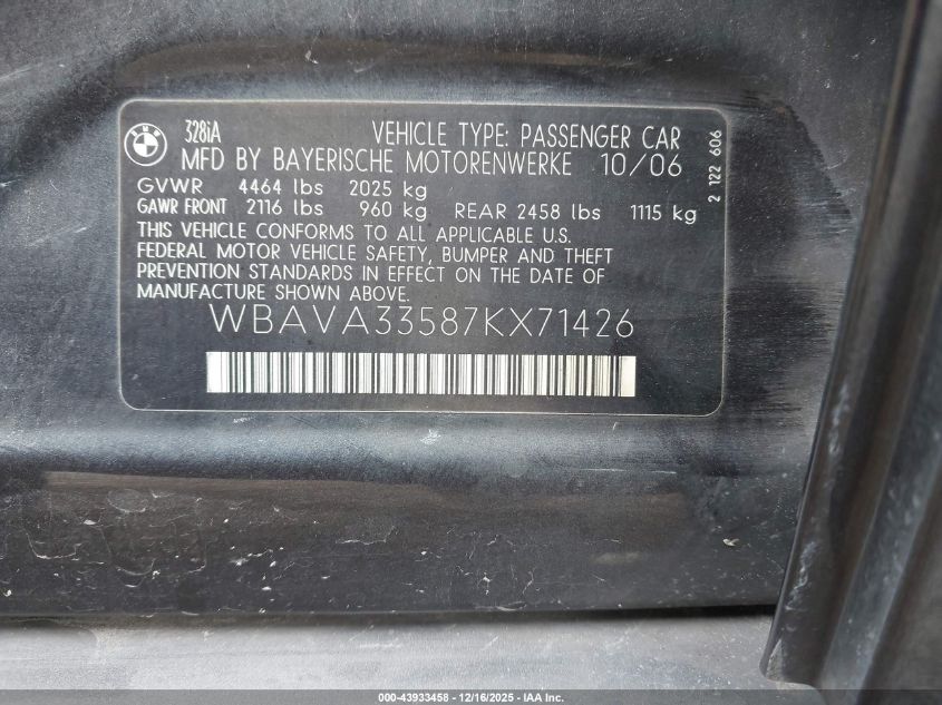 2007 BMW 328I VIN: WBAVA33587KX71426 Lot: 43933458
