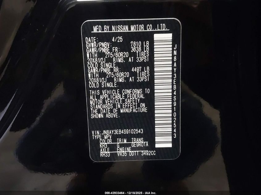 2025 Nissan Armada Platinum 4Wd VIN: JN8AY3EB4S9102543 Lot: 43933464