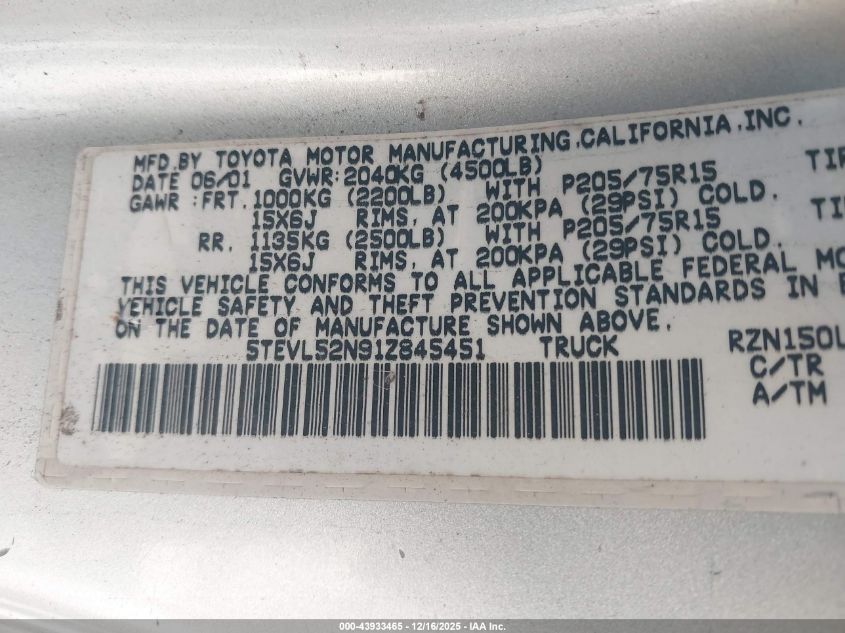 2001 Toyota Tacoma VIN: 5TEVL52N91Z845451 Lot: 43933465