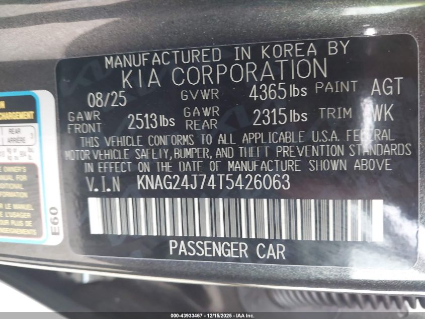 2026 Kia K5 Lxs Fwd VIN: KNAG24J74T5426063 Lot: 43933467