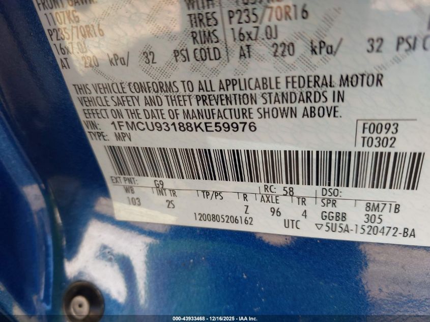 2008 Ford Escape Xlt VIN: 1FMCU93188KE59976 Lot: 43933468