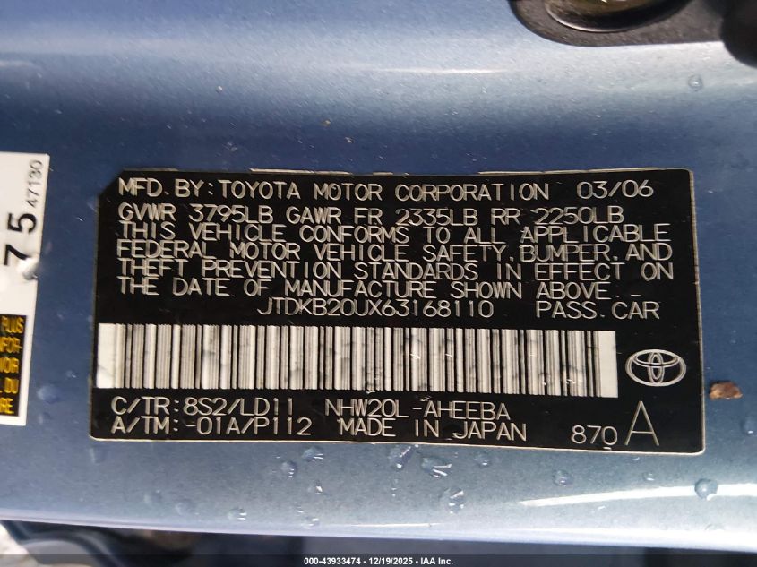 2006 Toyota Prius VIN: JTDKB20UX63168110 Lot: 43933474