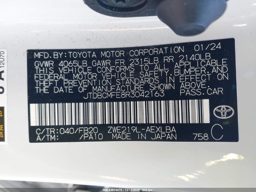 2024 Toyota Corolla Hybrid Le VIN: JTDBCMFE8R3042163 Lot: 43933475