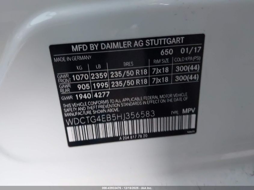 2017 Mercedes-Benz Gla 250 VIN: WDCTG4EB5HJ356583 Lot: 43933476