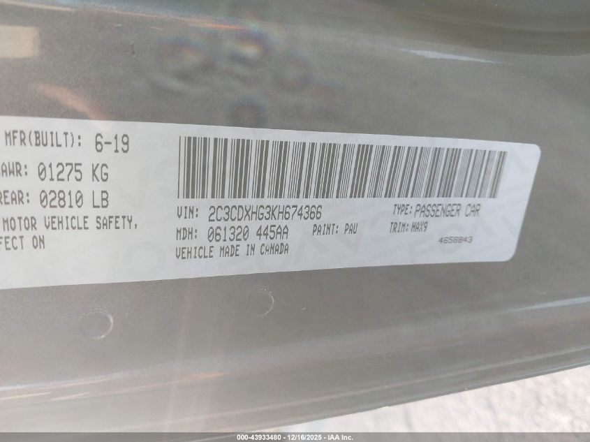 2019 Dodge Charger Gt Rwd VIN: 2C3CDXHG3KH674366 Lot: 43933480