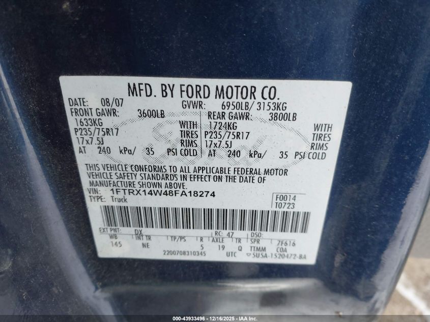 2008 Ford F-150 Stx/Xl/Xlt VIN: 1FTRX14W48FA18274 Lot: 43933496