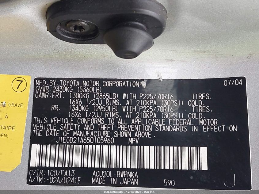 2005 Toyota Highlander VIN: JTEGD21A650105960 Lot: 43933500