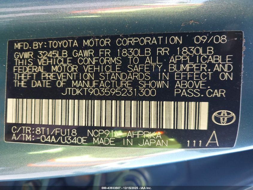 2009 Toyota Yaris VIN: JTDKT903595231300 Lot: 43933507