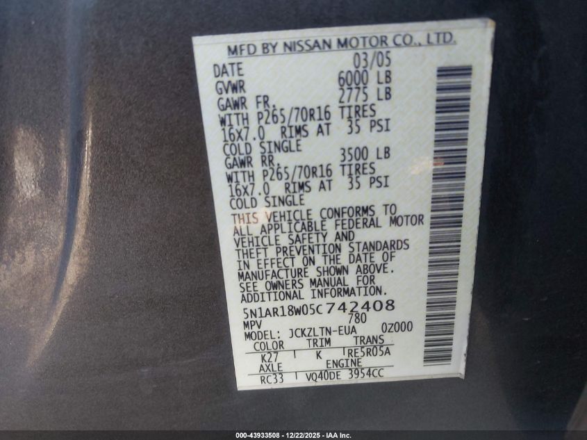 2005 Nissan Pathfinder Se VIN: 5N1AR18W05C742408 Lot: 43933508