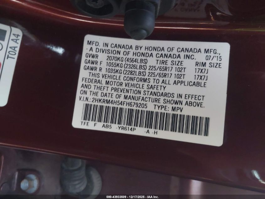 2015 Honda Cr-V Ex VIN: 2HKRM4H54FH679205 Lot: 43933509