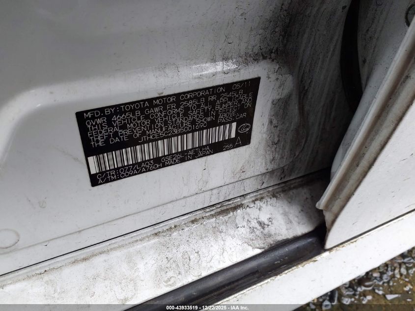 2011 Lexus Is 350 VIN: JTHCE5C23B5001690 Lot: 43933519