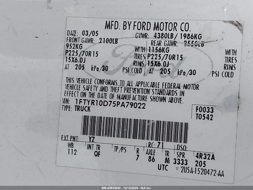 2005 Ford Ranger Xl/Xls/Xlt VIN: 1FTYR10D75PA79022 Lot: 43933520