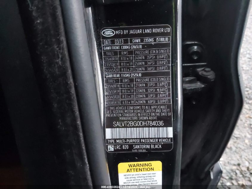 2013 Land Rover Range Rover Evoque Pure VIN: SALVT2BG0DH784036 Lot: 43933524