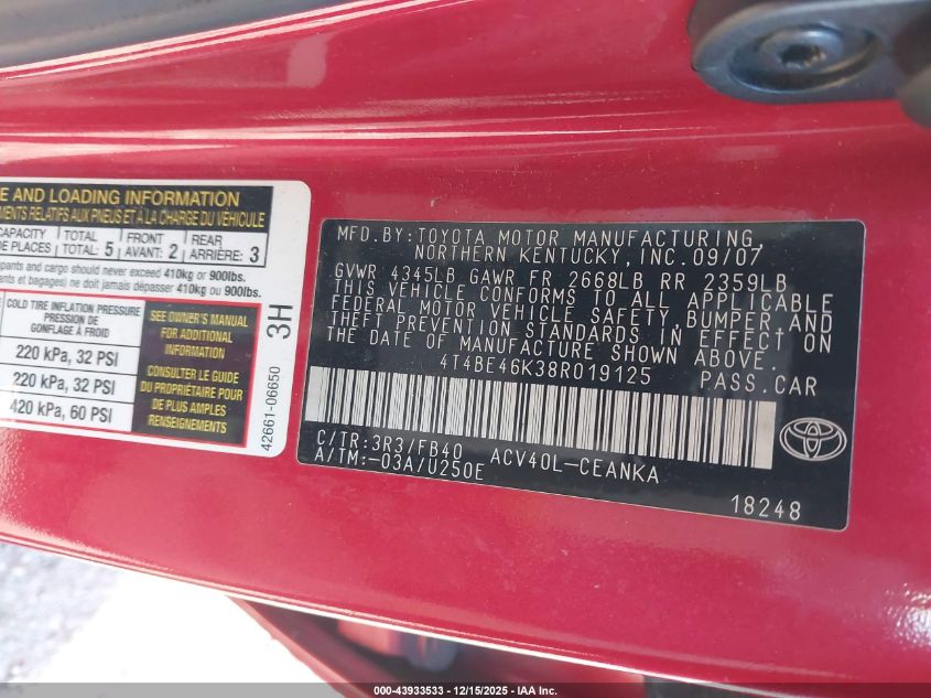 2008 Toyota Camry Le VIN: 4T4BE46K38R019125 Lot: 43933533