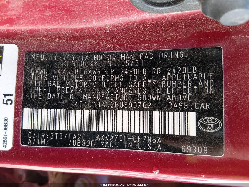 2021 Toyota Camry Le VIN: 4T1C11AK2MU590762 Lot: 43933535