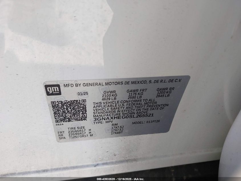 2025 Chevrolet Equinox Fwd Lt VIN: 3GNAXHEG0SL265521 Lot: 43933539