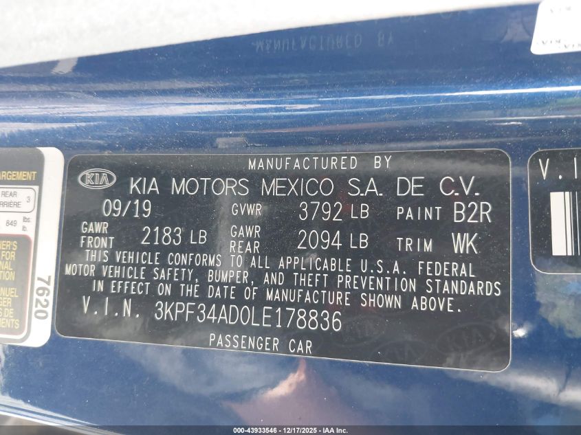 2020 Kia Forte Gt-Line VIN: 3KPF34AD0LE178836 Lot: 43933546