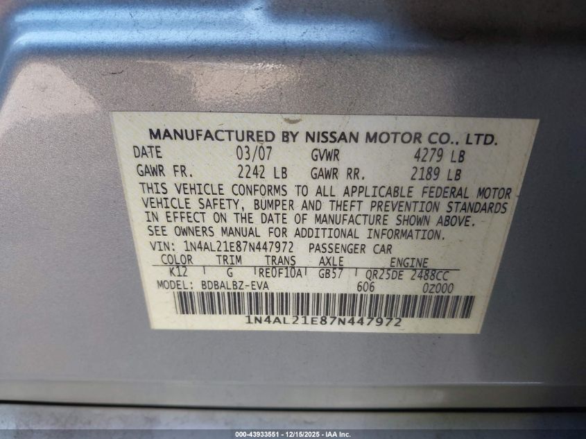 2007 Nissan Altima 2.5 S VIN: 1N4AL21E87N447972 Lot: 43933551