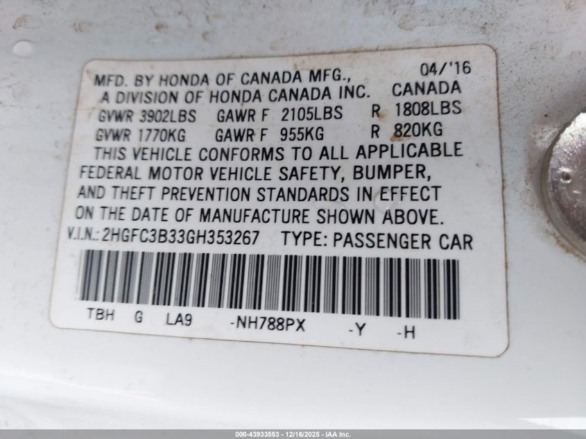 2016 Honda Civic Ex-T VIN: 2HGFC3B33GH353267 Lot: 43933553