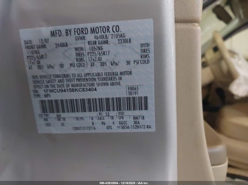 2008 Ford Escape Limited VIN: 1FMCU94158KC83404 Lot: 43933554