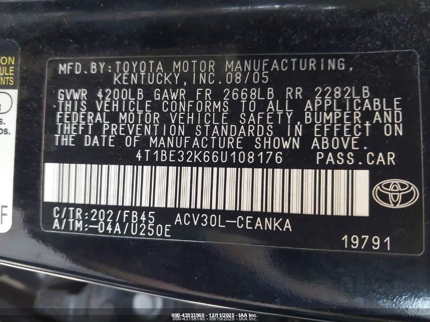 2006 Toyota Camry Le VIN: 4T1BE32K66U108176 Lot: 43933560