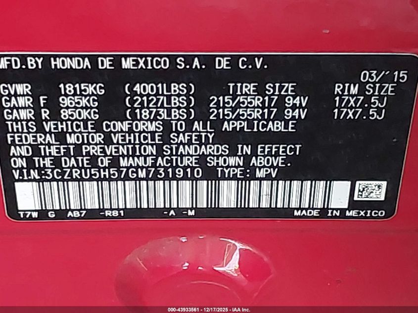 2016 Honda Hr-V Ex VIN: 3CZRU5H57GM731910 Lot: 43933561