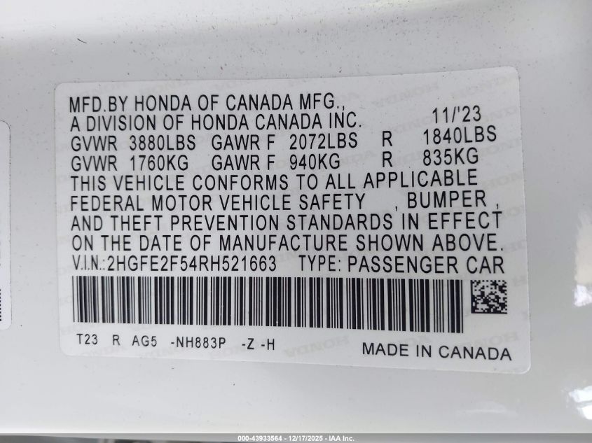 2024 Honda Civic Sport VIN: 2HGFE2F54RH521663 Lot: 43933564