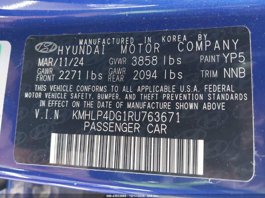 2024 Hyundai Elantra Limited VIN: KMHLP4DG1RU763671 Lot: 43933565