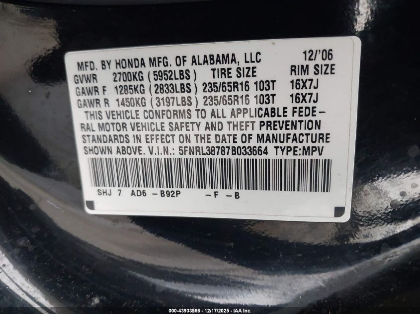 2007 Honda Odyssey Ex-L VIN: 5FNRL38787B033664 Lot: 43933566