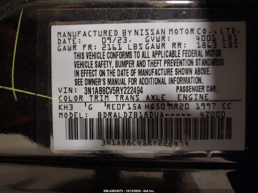 VIN 3N1AB8CV5RY222494 2024 NISSAN SENTRA SV XTRONIC CVT