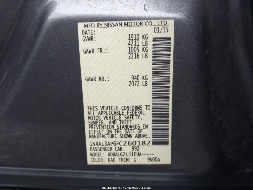 2015 Nissan Altima 2.5/2.5 S/2.5 Sl/2.5 Sv VIN: 1N4AL3AP6FC260182 Lot: 43933574