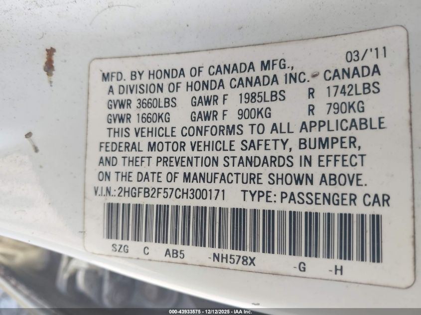 2012 Honda Civic Lx VIN: 2HGFB2F57CH300171 Lot: 43933575