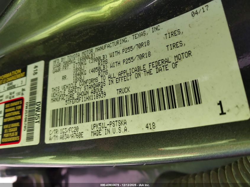 2017 Toyota Tundra Sr5 4.6L V8 VIN: 5TFEM5F11HX118939 Lot: 43933578