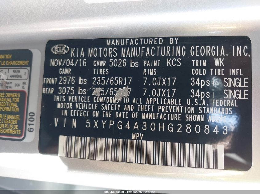 2017 Kia Sorento 2.4L L VIN: 5XYPG4A30HG280843 Lot: 43933580