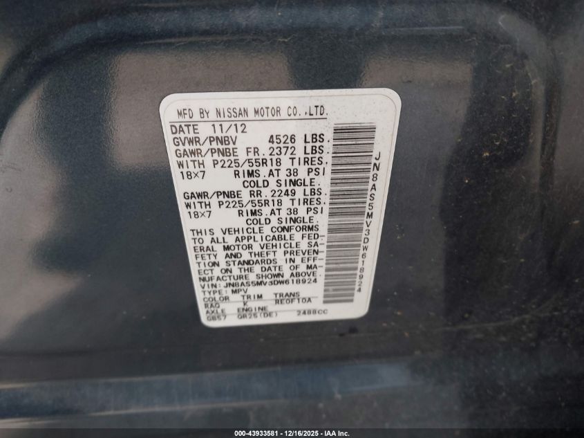 2013 Nissan Rogue Sv W/Sl Pkg VIN: JN8AS5MV3DW618924 Lot: 43933581