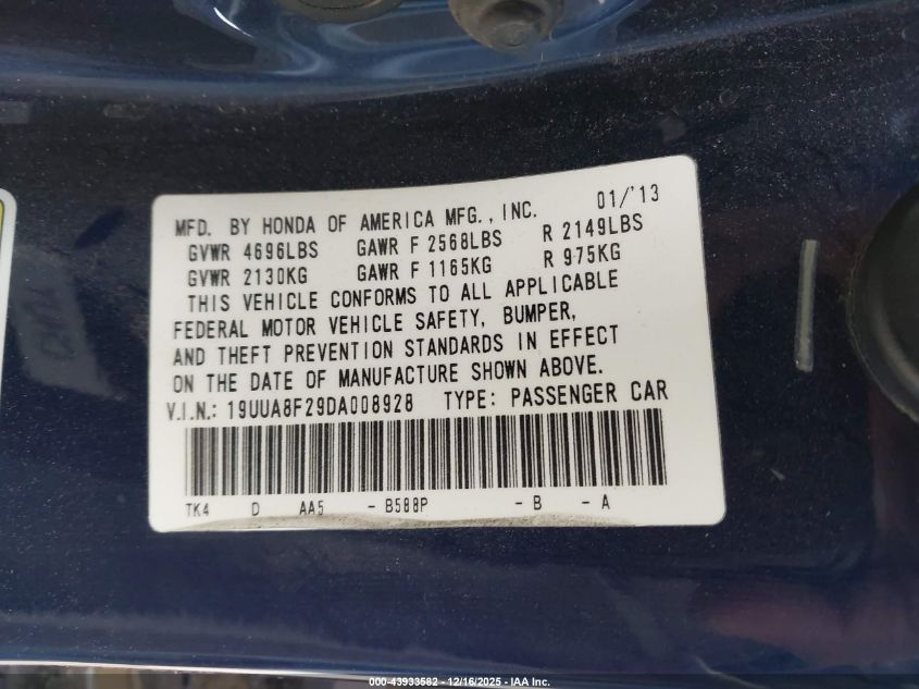 2013 Acura Tl 3.5 VIN: 19UUA8F29DA008928 Lot: 43933582